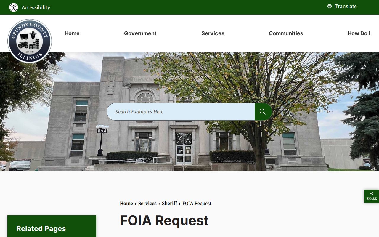 Grundy County Sheriff FOIA request page with records request instructions
