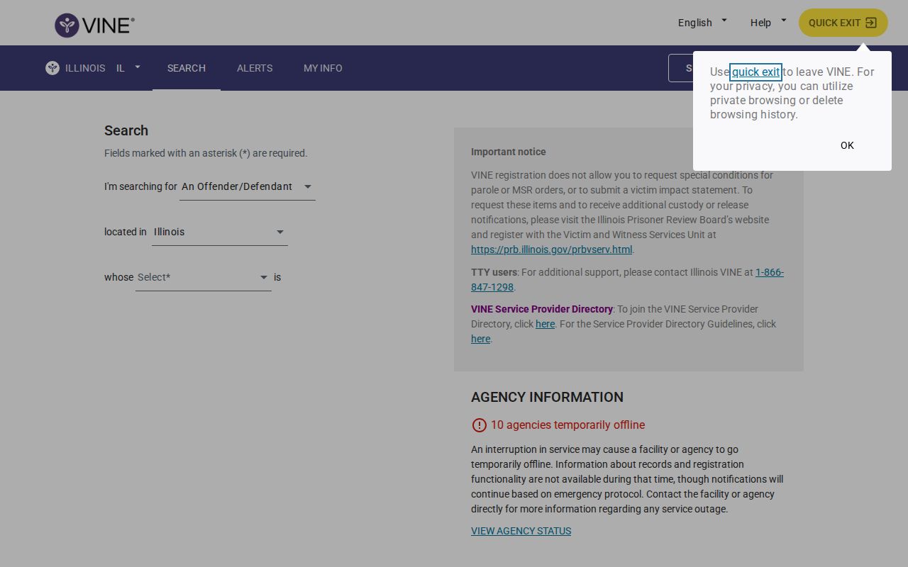 VINE person search interface for a Grundy County arrest and custody check