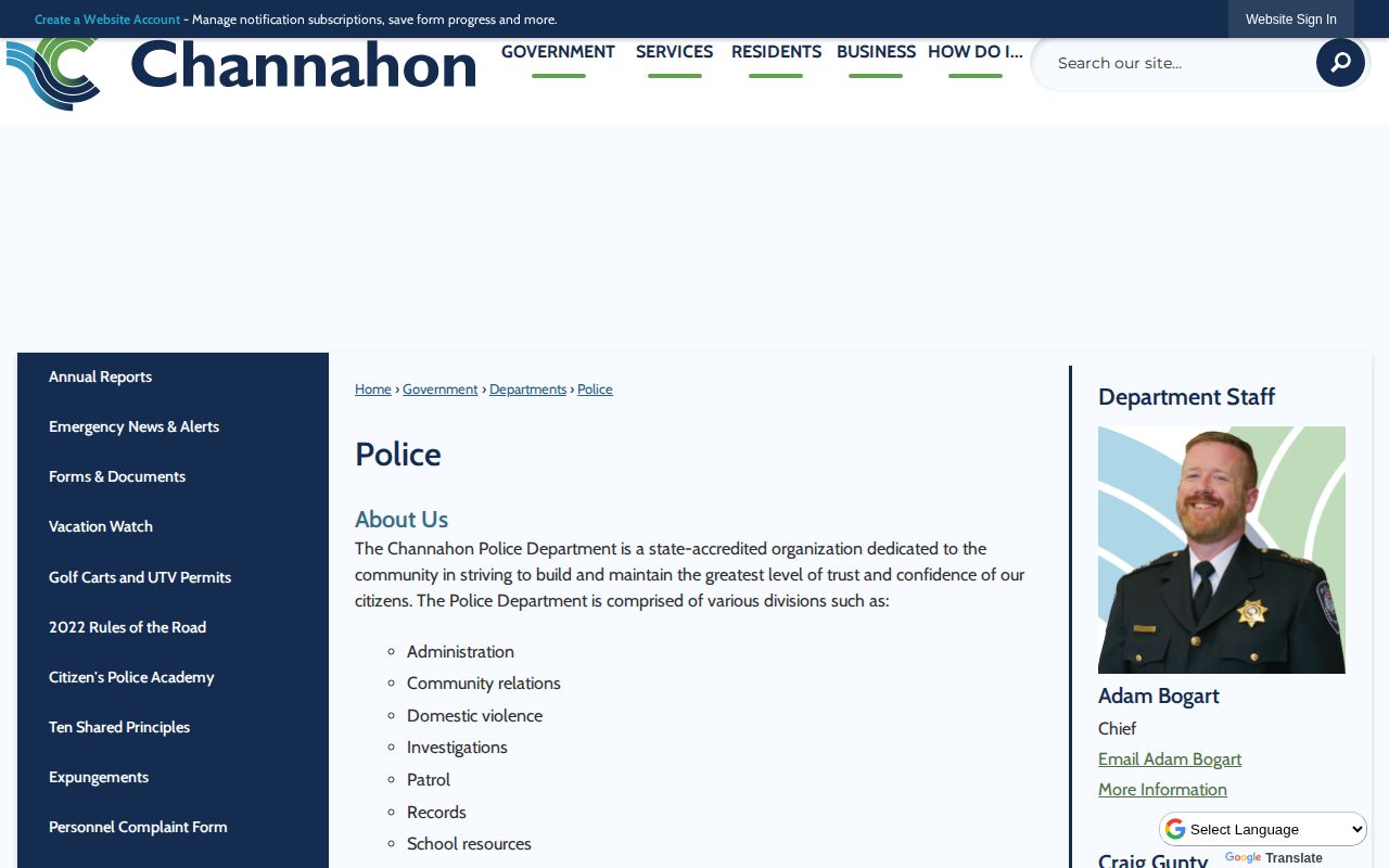 Channahon Police Department official page with records and service links