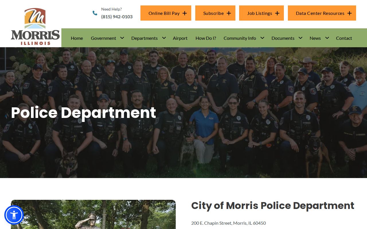 Official Morris Police Department webpage showing department information