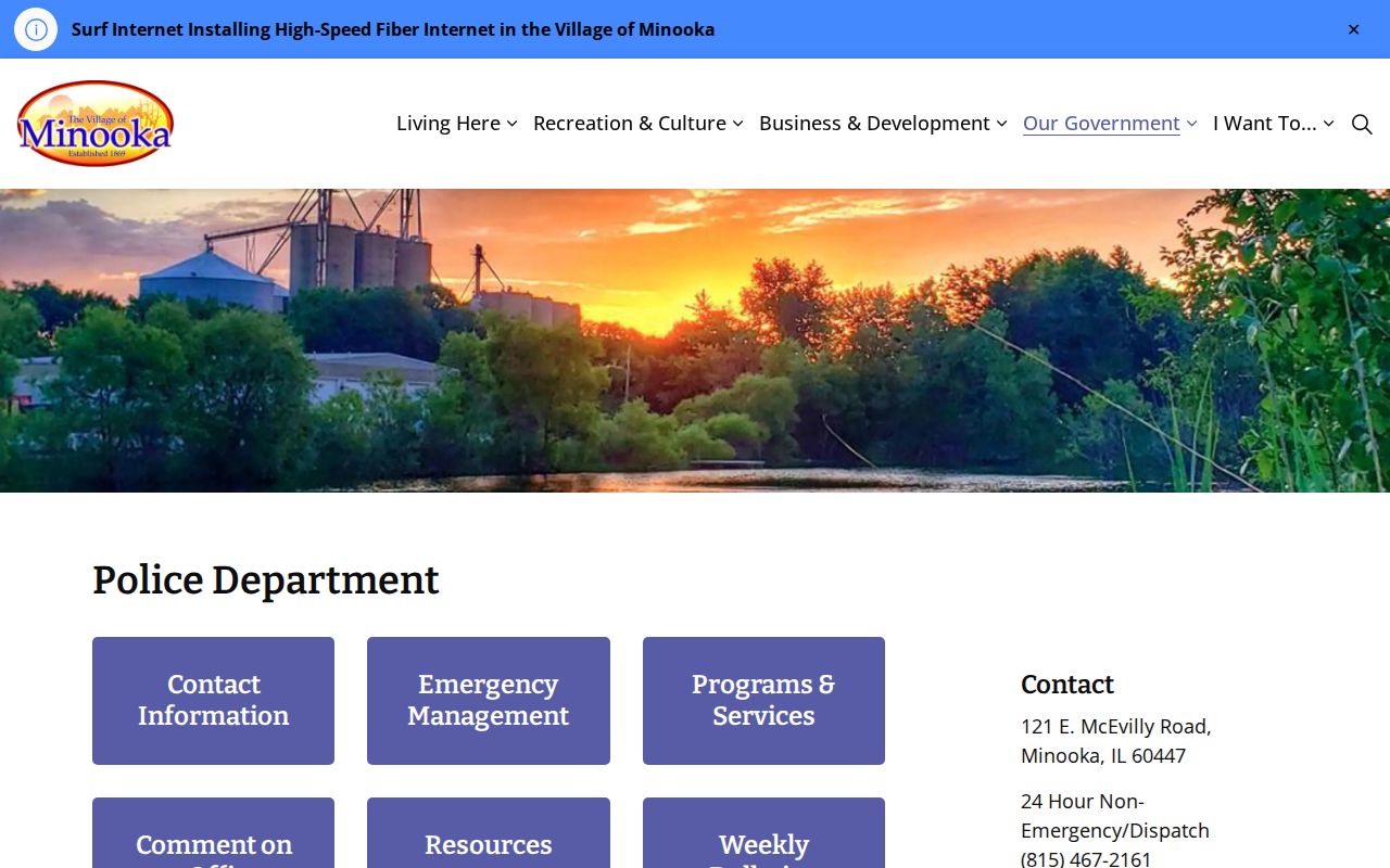 Official Minooka Police Department page with weekly bulletin access
