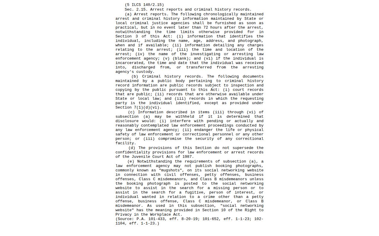 Illinois General Assembly page for the arrest information provision in 5 ILCS 140
